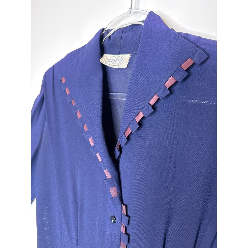 1950s Fair Lady Navy Crepe Button-Front Dress w/ Ribbon Trim medium - Picture 6 of 16